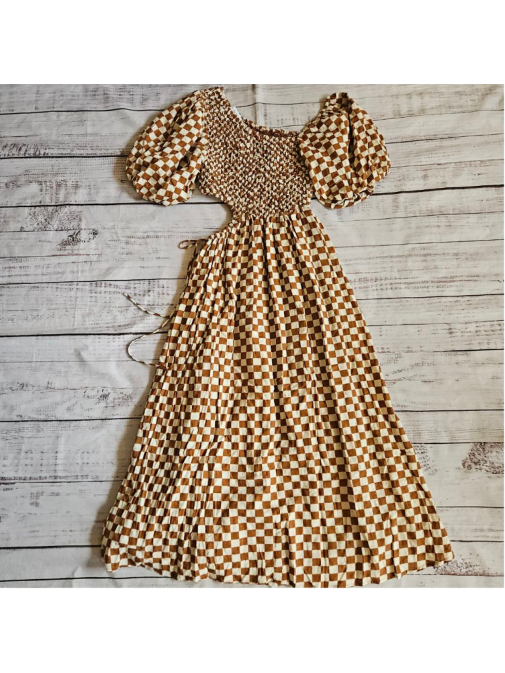 Sofie The Label Brown Cream Checkered Crunchy Cut Out Midi Dress Womens Small